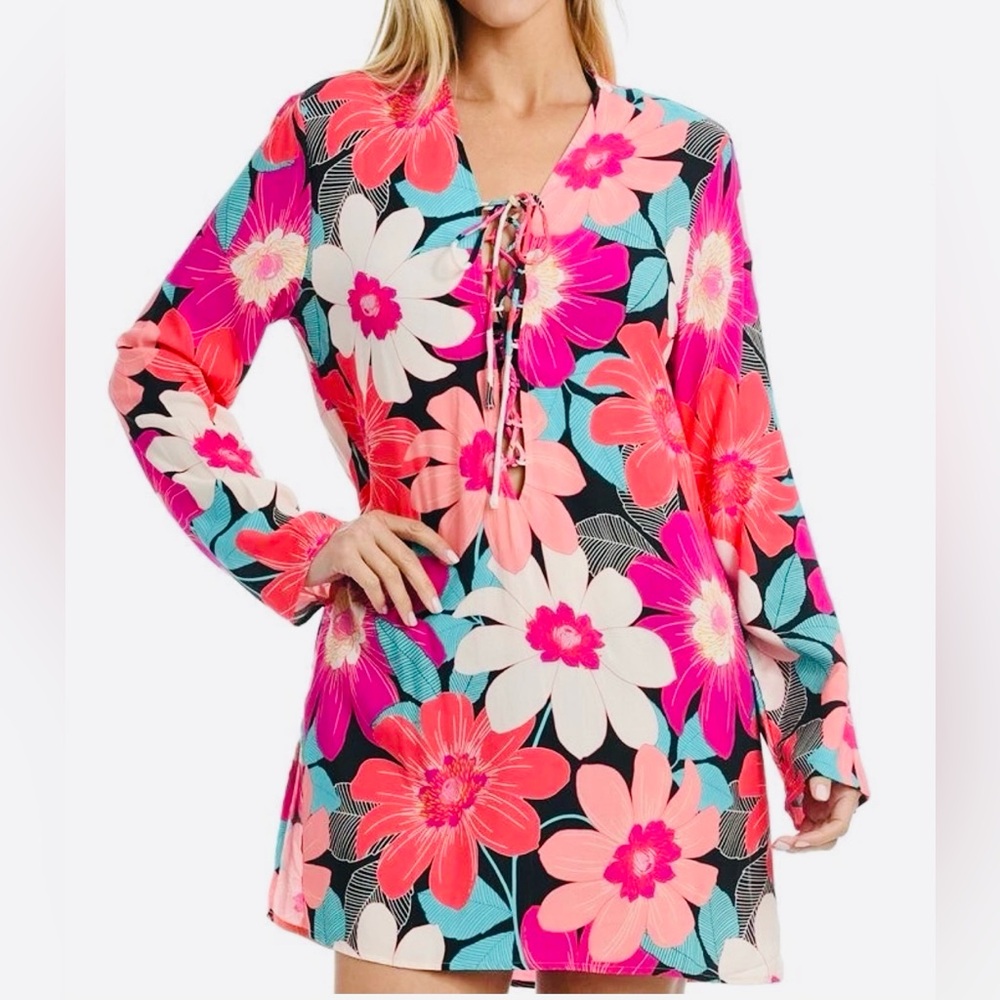 La Blanca Floral Tunic Swim Cover Up M Resortwear NWT Pink Beach Dress Boho NEW